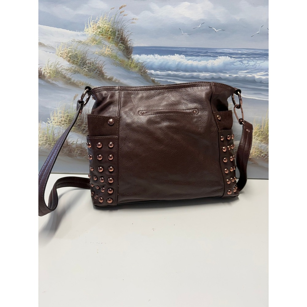 B. Makowsky Brown Leather Studded Crossbody Bag Rose Gold Hardware Pocket - Picture 4 of 12